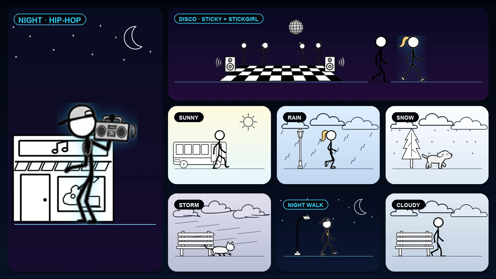 Eight real Stickgroove moments with sunny, rainy, snowy, stormy, cloudy and night scenes, a disco with Sticky and Stickgirl, and the hip-hop character carrying a boombox